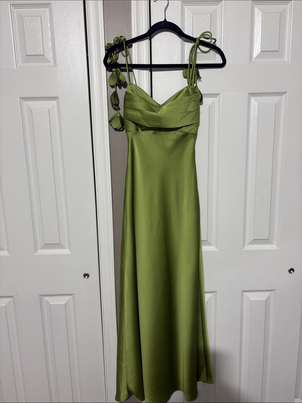 ASTR Olive Green Satin Tie-Shoulder Maxi Dress